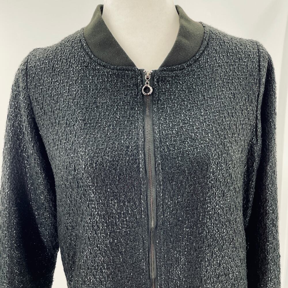 Molly Bracken Black Knit Metallic Textured Lightweight Lined Bomber Jacket M - Picture 6 of 11